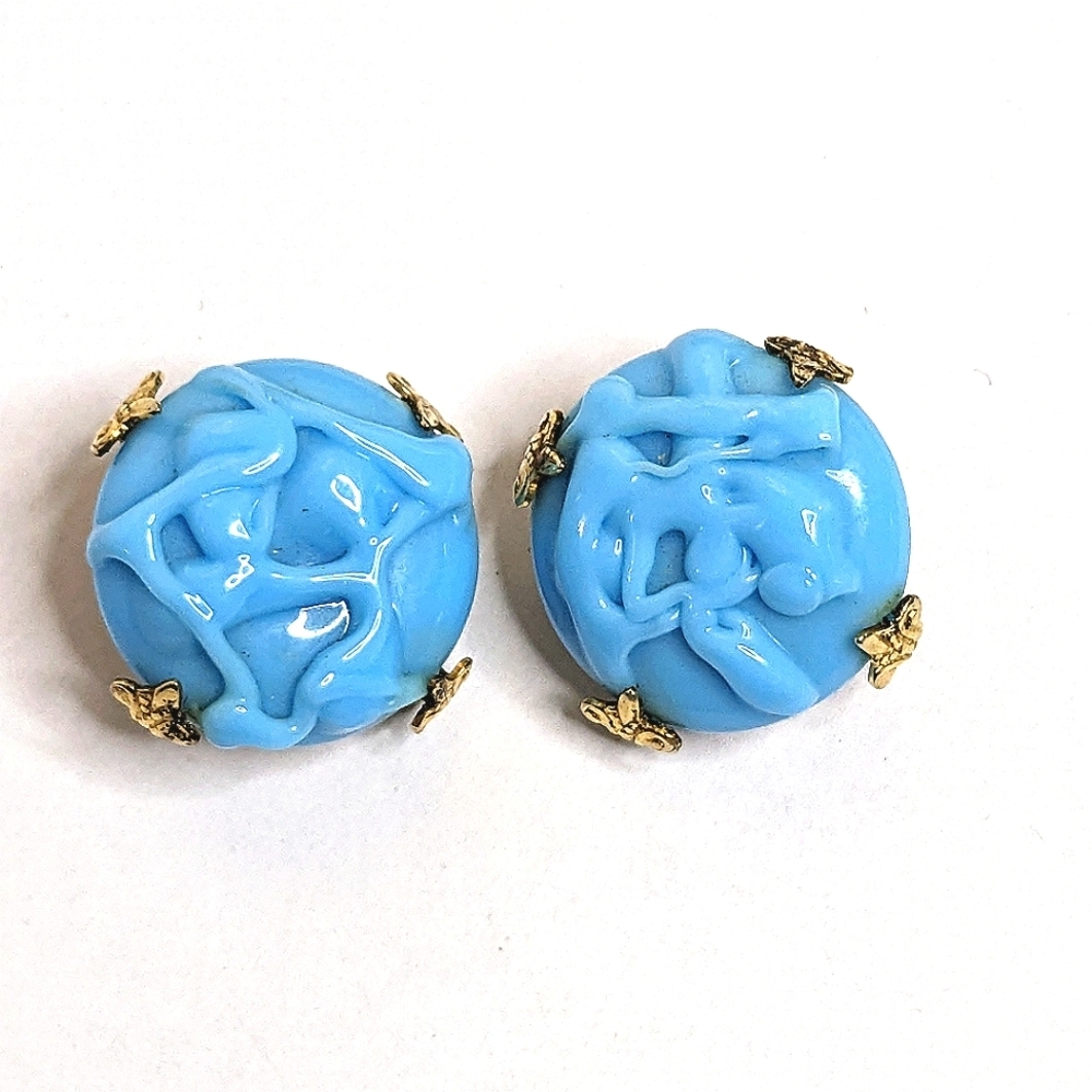 Vintage Signed Vogue Turquoise Color & Gold Mid Century Modern Clip On Earrings‎